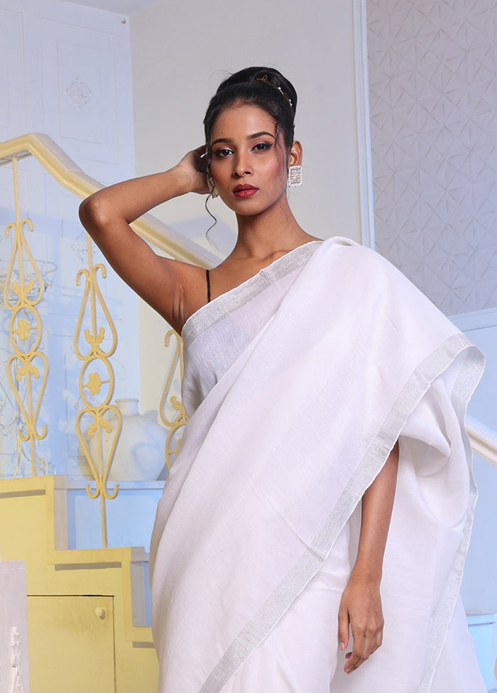White Pure Linen Saree With Blouse Piece - Indian Silk House Agencies