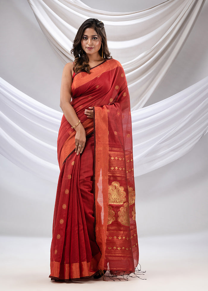 Brick Red Pure Cotton Saree With Blouse Piece