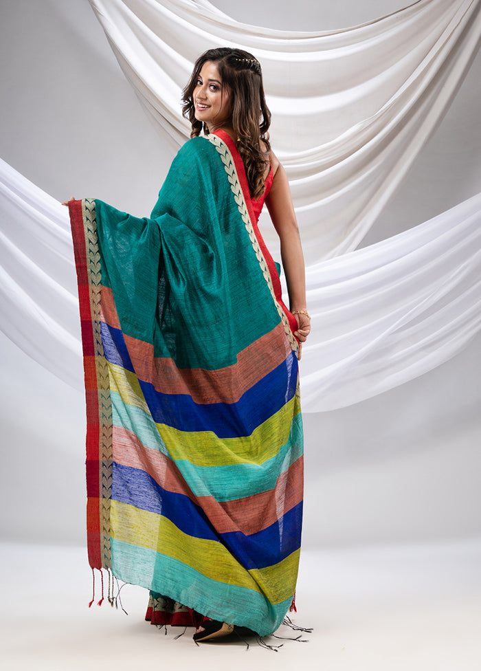 Teal Dupion Pure Silk Saree With Blouse Piece - Indian Silk House Agencies