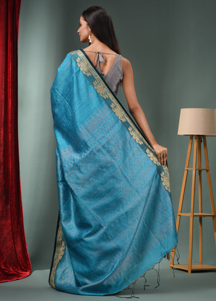 Sky Blue Dupion Pure Silk Saree With Blouse Piece - Indian Silk House Agencies