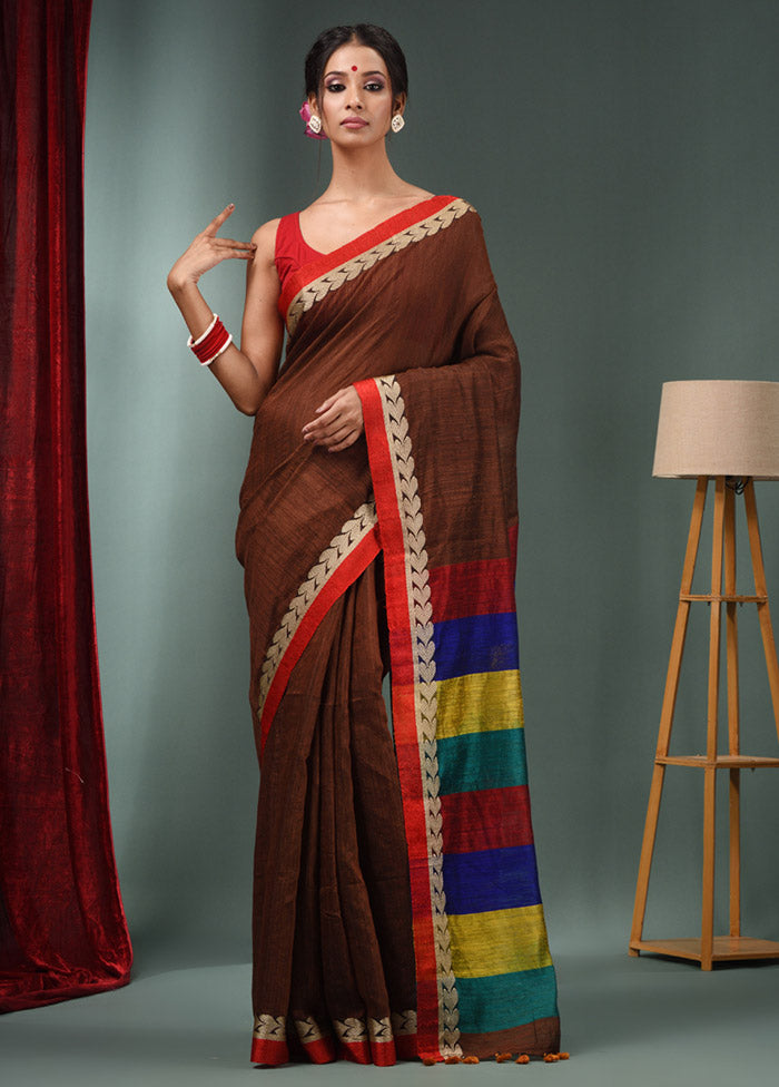 Brown Dupion Pure Silk Saree With Blouse Piece - Indian Silk House Agencies