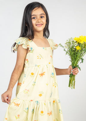 Yellow Handcrafted Pure Muslin Tier Dress - Indian Silk House Agencies