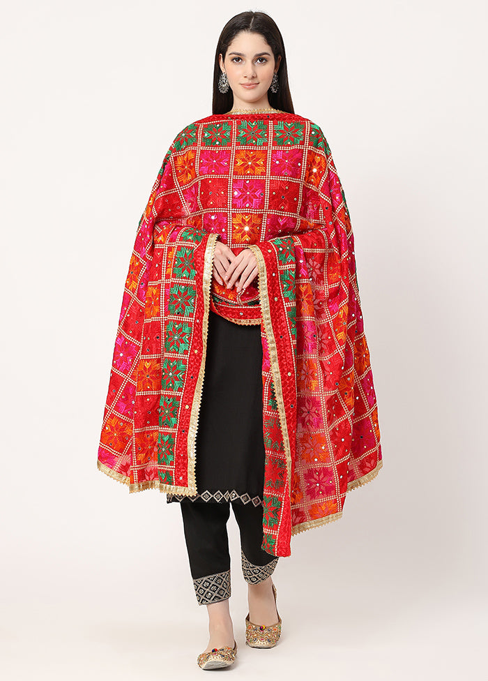 Red Chiffon Phulkari Embroidered Work Dupatta - Indian Silk House Agencies