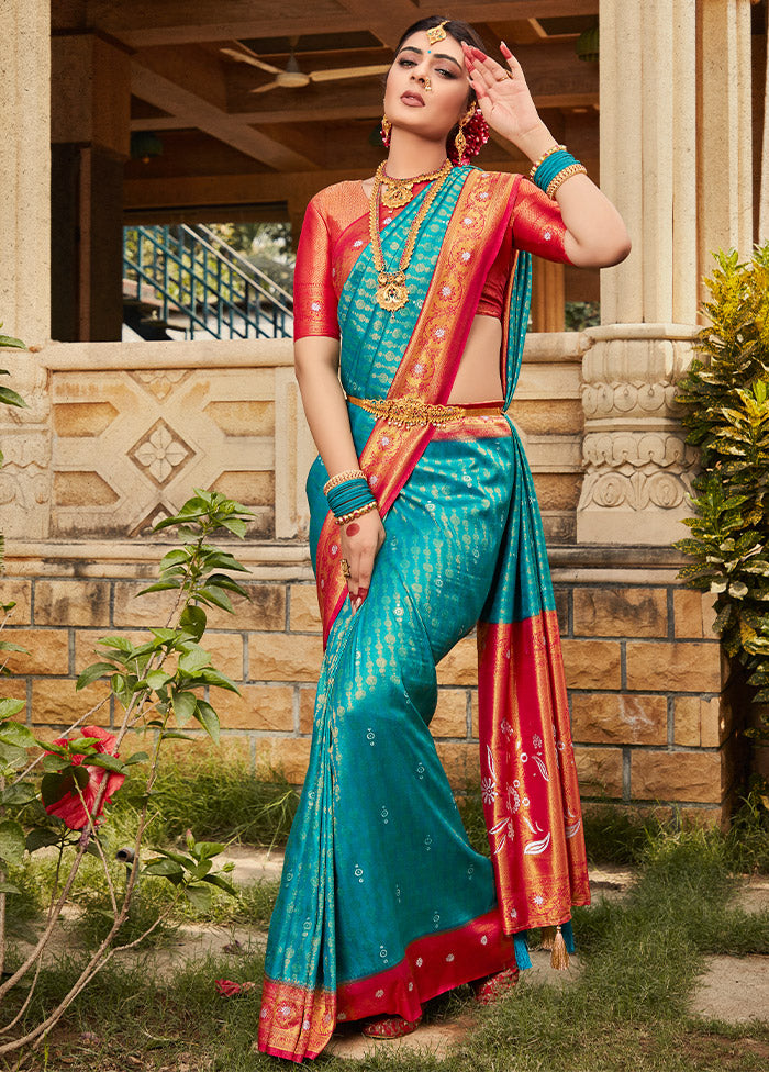 Turquoise Cotton Saree With Blouse Piece - Indian Silk House Agencies
