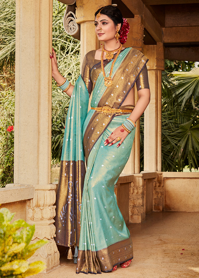 Sky Blue Kanjivaram Silk Saree With Blouse Piece - Indian Silk House Agencies