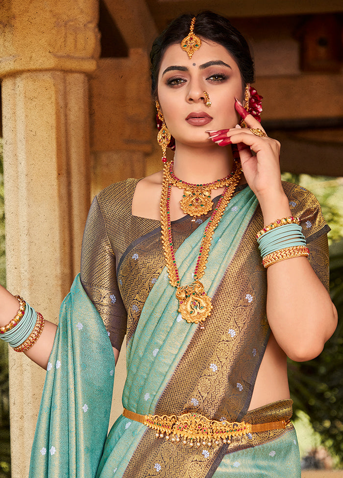 Sky Blue Kanjivaram Silk Saree With Blouse Piece - Indian Silk House Agencies
