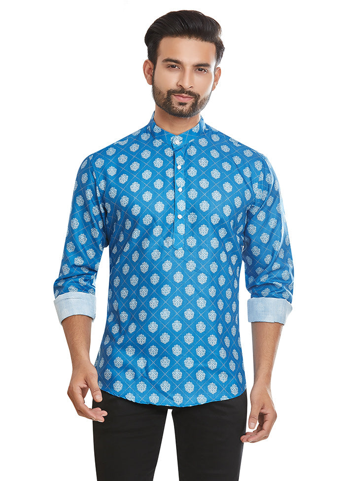 Royal Blue Printed Cotton Short Kurta VDAC69226 - Indian Silk House Agencies