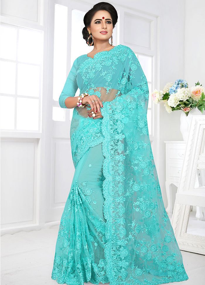 Turquoise Blue Organza Saree With Blouse Piece - Indian Silk House Agencies