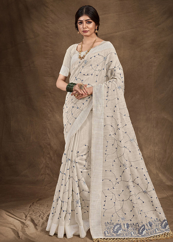 Off White Chanderi Silk Saree With Blouse Piece - Indian Silk House Agencies