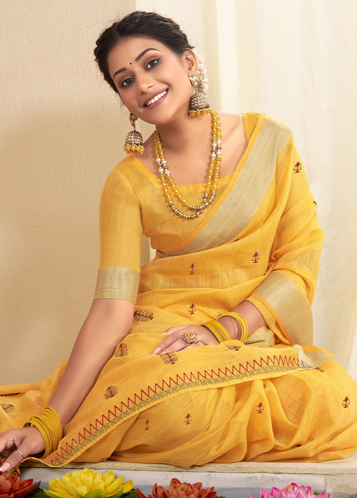 Mustard Chanderi Silk Saree With Blouse Piece - Indian Silk House Agencies