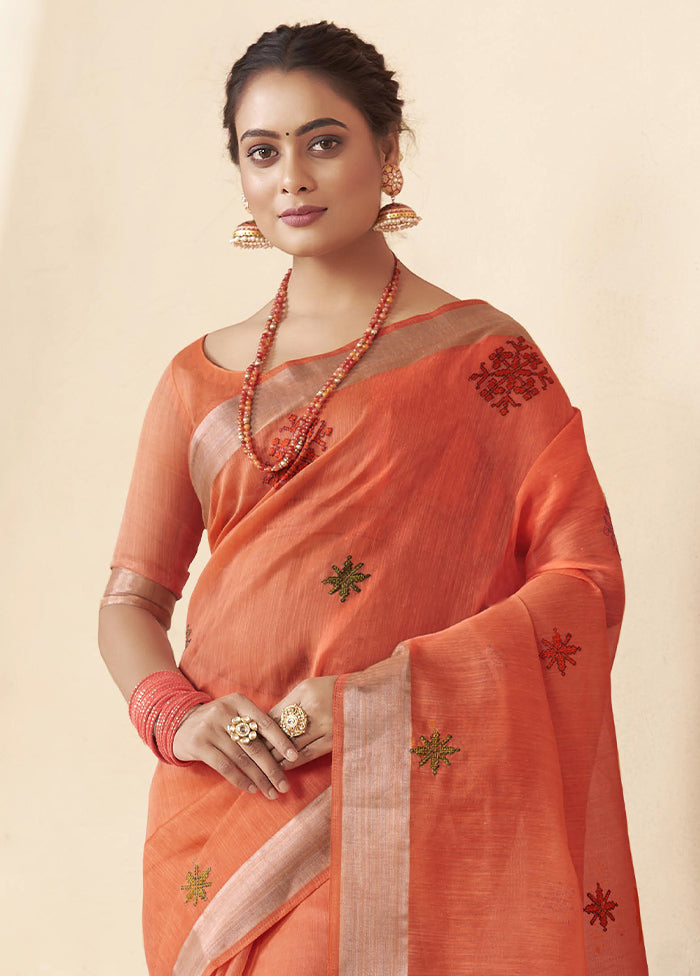 Orange Chanderi Silk Saree With Blouse Piece - Indian Silk House Agencies