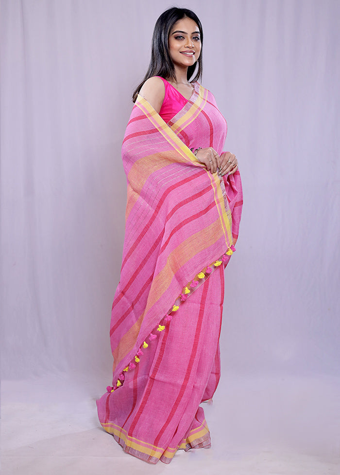 Pink Linen Silk Saree With Blouse Piece - Indian Silk House Agencies