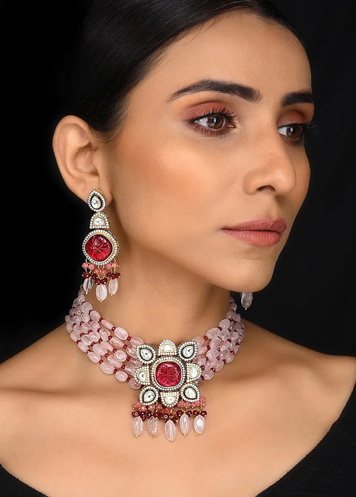 Rose Quartz Gold Tone Kundan Necklace With Earrings Set - Indian Silk House Agencies