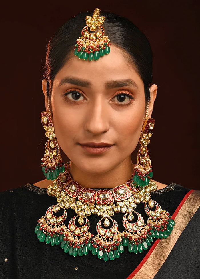 Green Red Gold Tone Kundan Enameled Necklace And Earrings With Mangtik