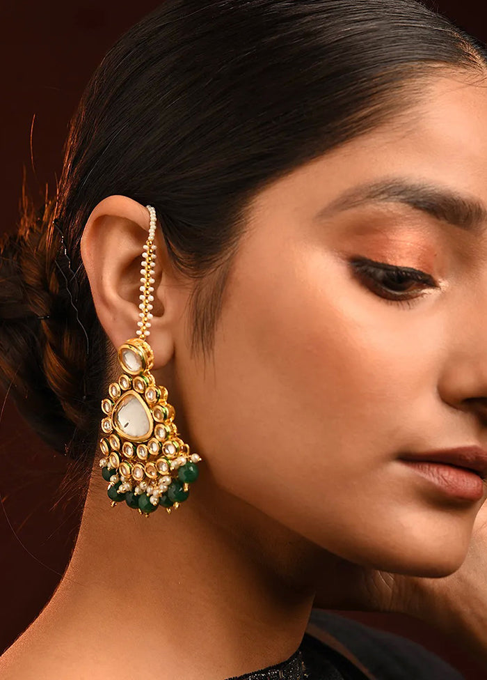 Green Gold Tone Kundan Earrings With Ear Chains