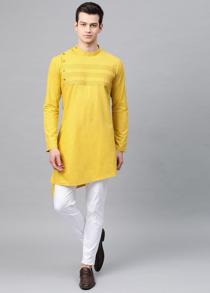 Cotton Full sleeve Solid Mustard Solid Straight Kurta With Yoke Thread Work VDVSD0470 - Indian Silk House Agencies