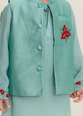 Aqua Blue Silk Kurta Pajama With Jacket For Boys - Indian Silk House Agencies