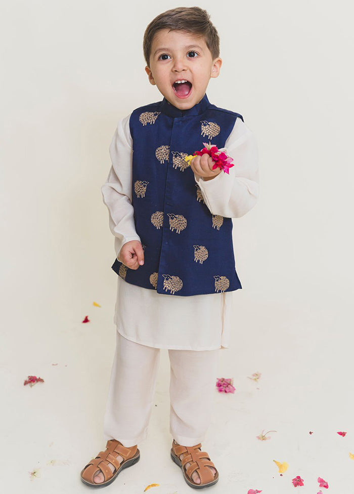 Navy Blue Cotton Kurta Pajama With Jacket For Boys - Indian Silk House Agencies
