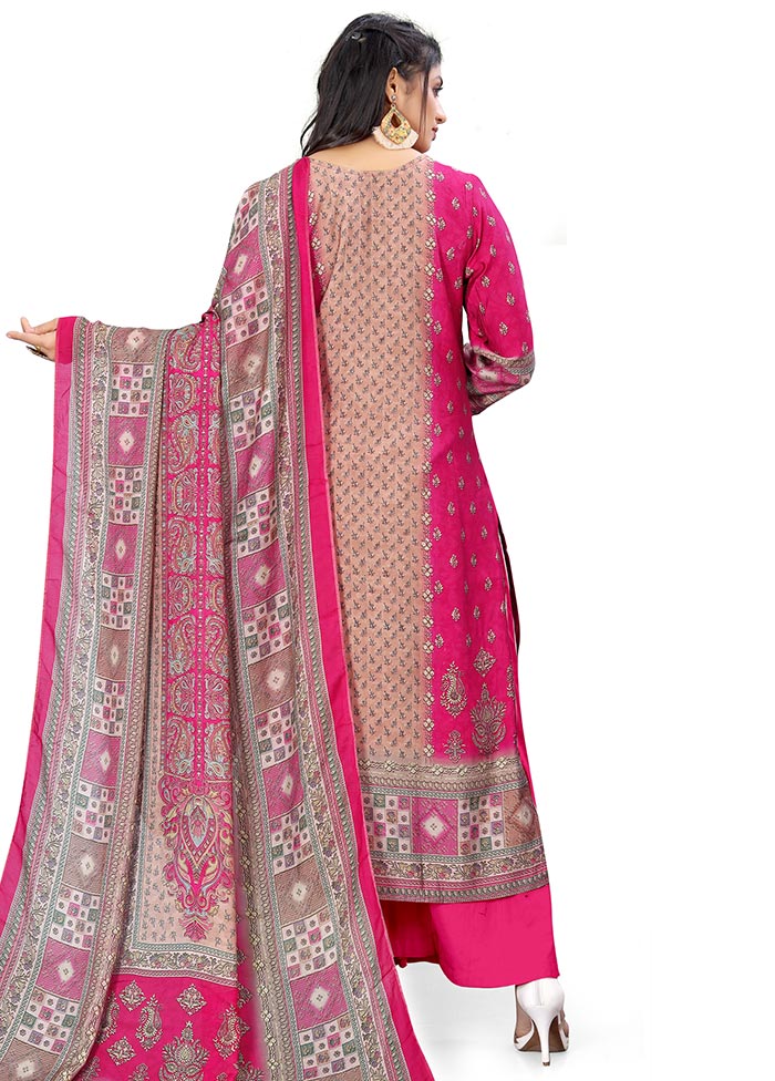 3 Pc Magenta Unstitched Silk Suit Set - Indian Silk House Agencies
