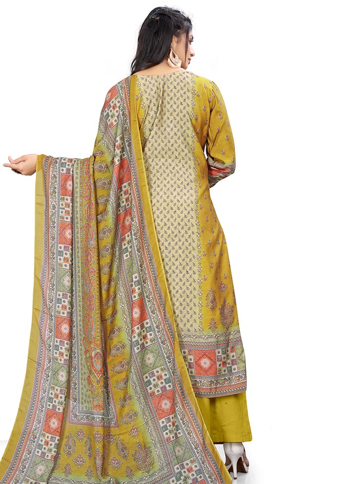 3 Pc Mustard Unstitched Silk Suit Set - Indian Silk House Agencies