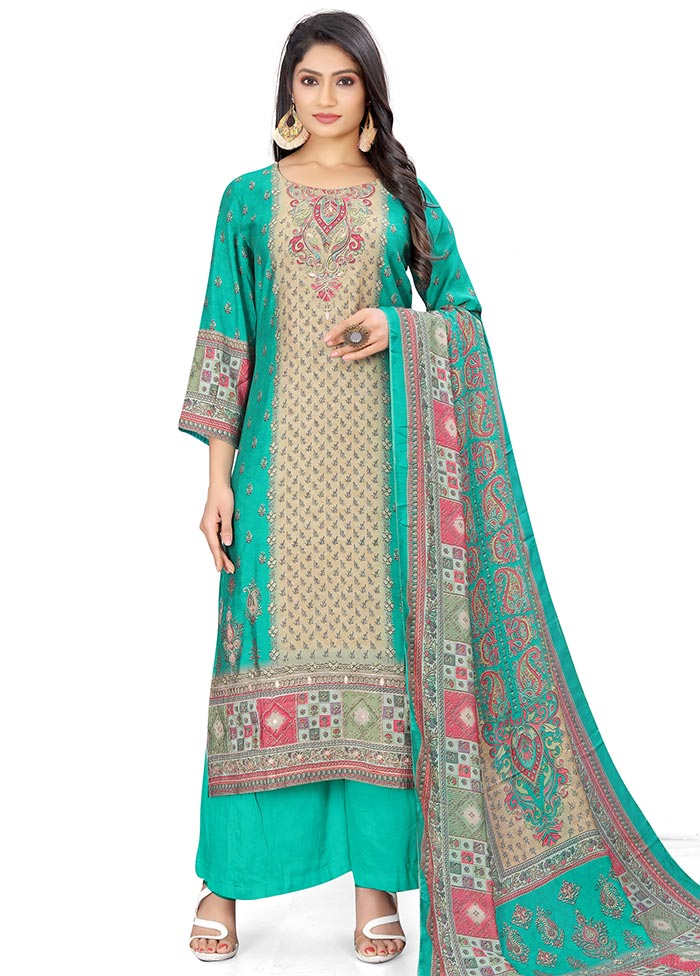 3 Pc Green Unstitched Silk Suit Set - Indian Silk House Agencies