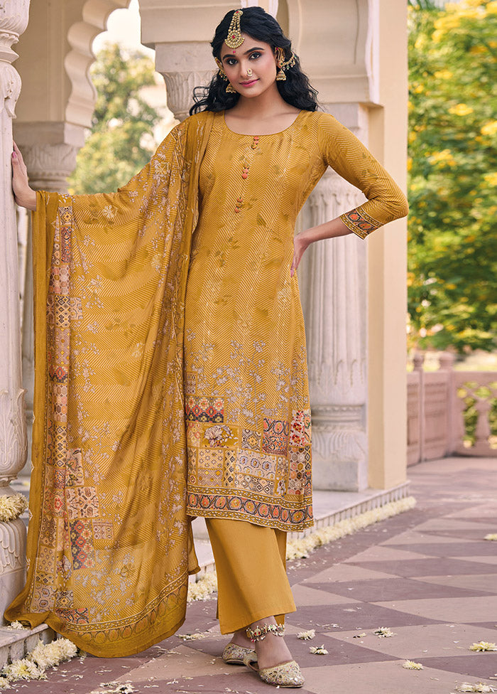 3 Pc Mustard Unstitched Cotton Suit Set - Indian Silk House Agencies