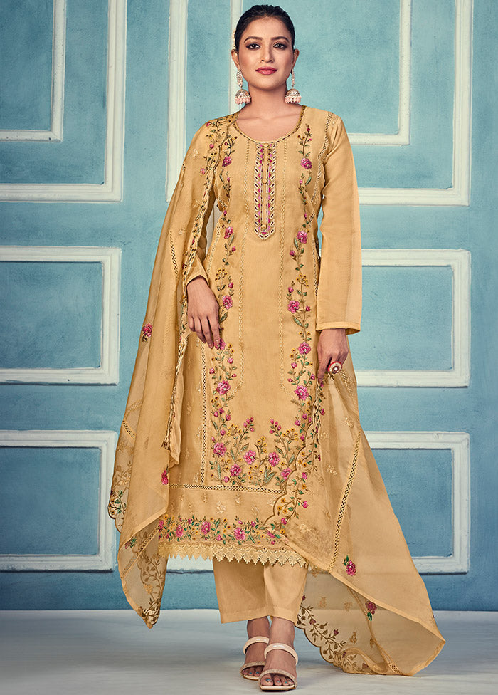 3 Pc Yellow Unstitched Net Suit Set - Indian Silk House Agencies