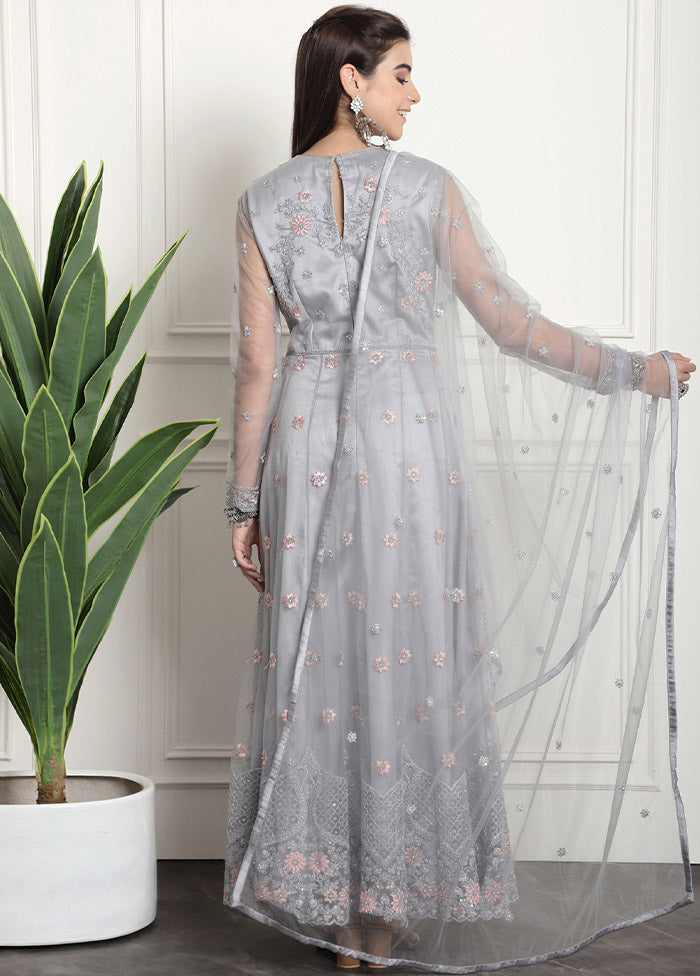 3 Pc Grey Unstitched Net Suit Set - Indian Silk House Agencies