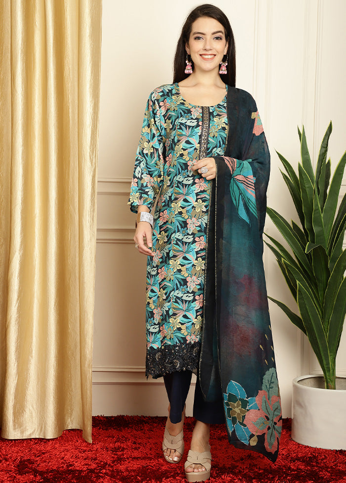 3 Pc Navy Blue Unstitched Silk Suit Set - Indian Silk House Agencies