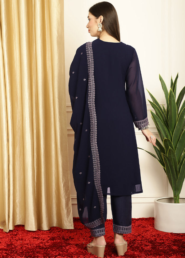 3 Pc Navy Blue Unstitched Georgette Suit Set - Indian Silk House Agencies