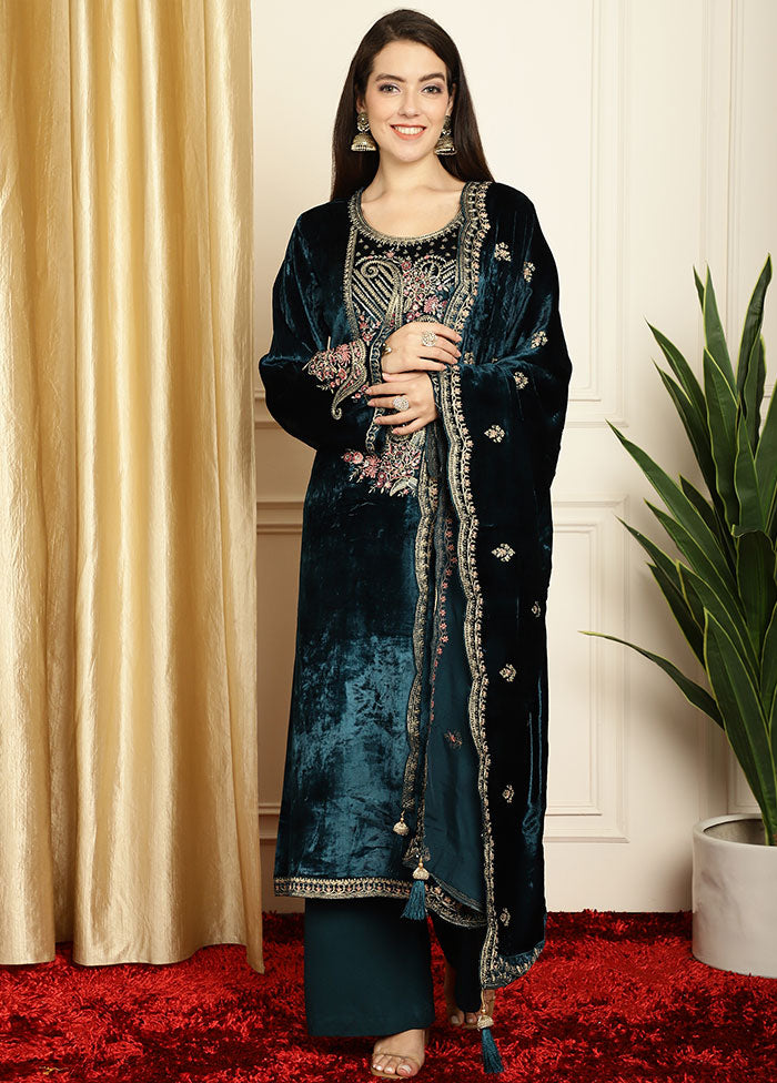3 Pc Navy Blue Unstitched Velvet Suit Set - Indian Silk House Agencies