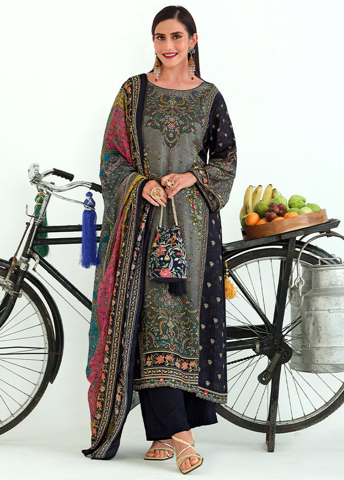 3 Pc Grey Unstitched Pashmina Suit Set - Indian Silk House Agencies