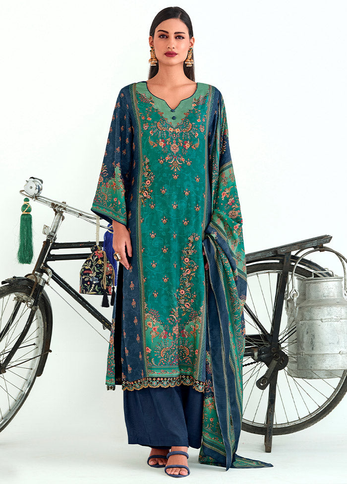 3 Pc Navy Blue Unstitched Pashmina Suit Set - Indian Silk House Agencies