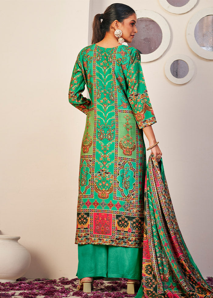 3 Pc Green Unstitched Silk Suit Set - Indian Silk House Agencies