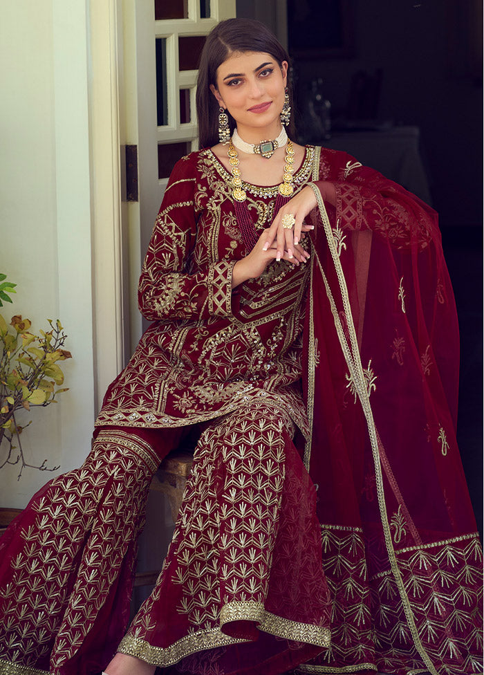 3 Pc Red Readymade Organza Suit Set - Indian Silk House Agencies