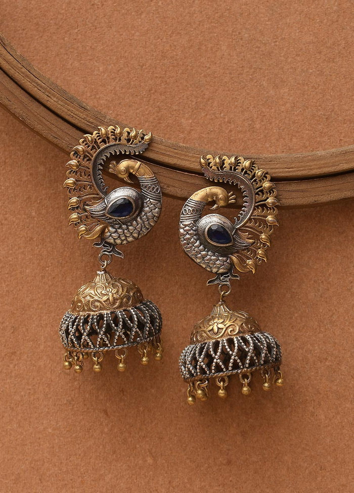 Dual Tone Handcrafted Brass Peacock Jhumka - Indian Silk House Agencies