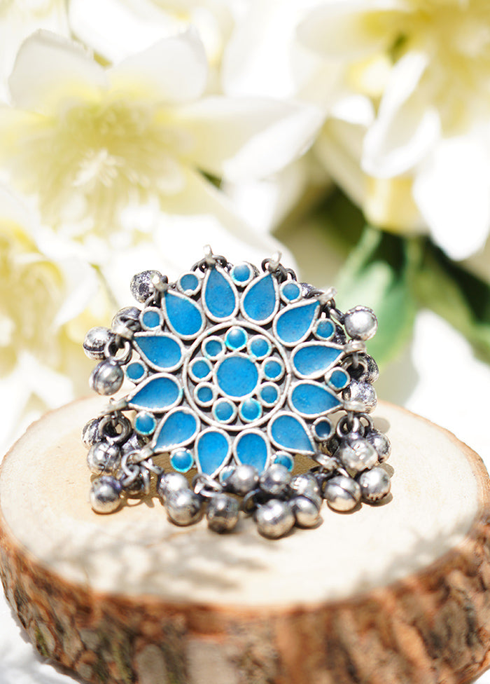 Blue Silver Tone Tribal Brass Adjustable Enamel Ring