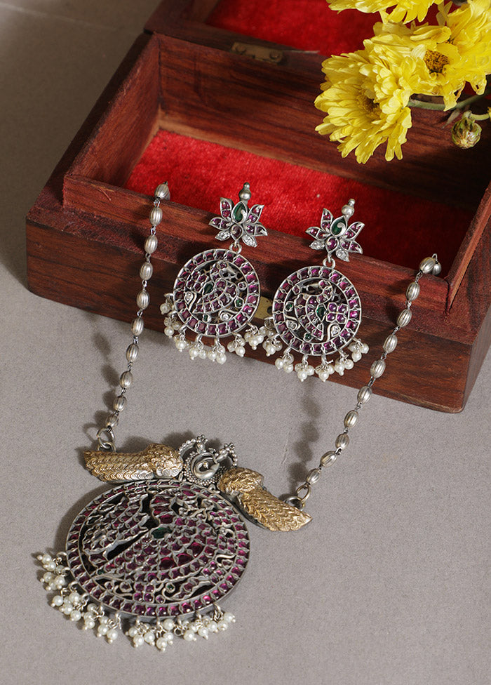 Silver Tone Handcrafted Brass Necklace With Earrings Set Of 2 - Indian Silk House Agencies