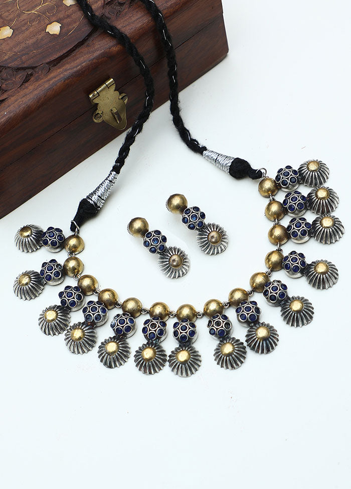 Blue Dual Tone Tribal Handcrafted Brass Necklace With Earrings - Indian Silk House Agencies