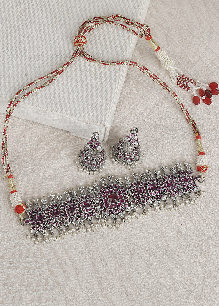 Red Kundan Work Brass Necklace Set - Indian Silk House Agencies