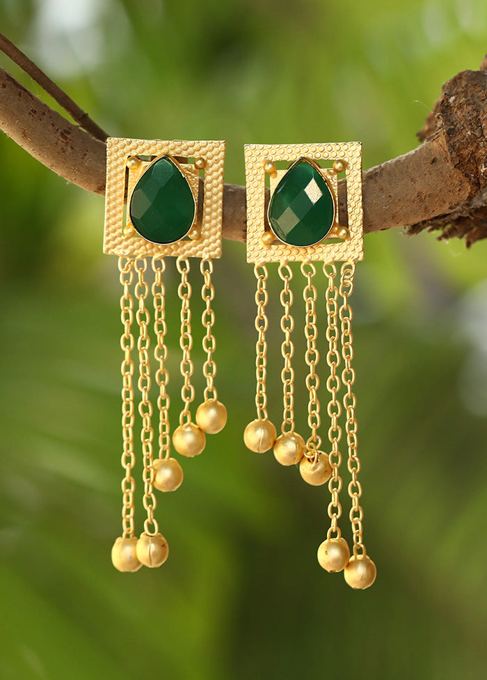Green Stone Golden Beats Matte Gold Earrings - Main Image