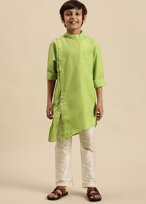 2 Pc Green Cotton Solid Kurta And Pajama Set - Indian Silk House Agencies
