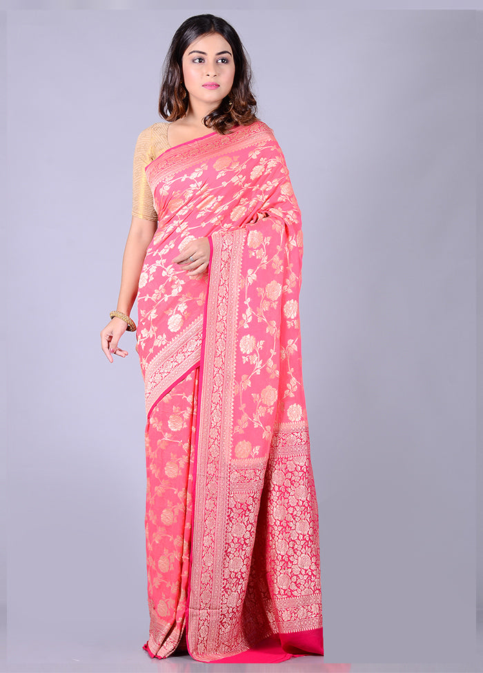 Pink Chiffon Pure Silk Saree With Blouse Piece - Indian Silk House Agencies