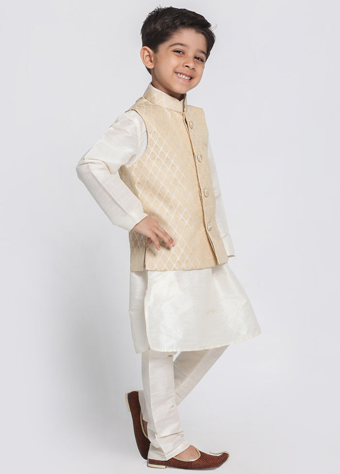 Beige Silk Kurta Pajama Set With Jacket - Indian Silk House Agencies