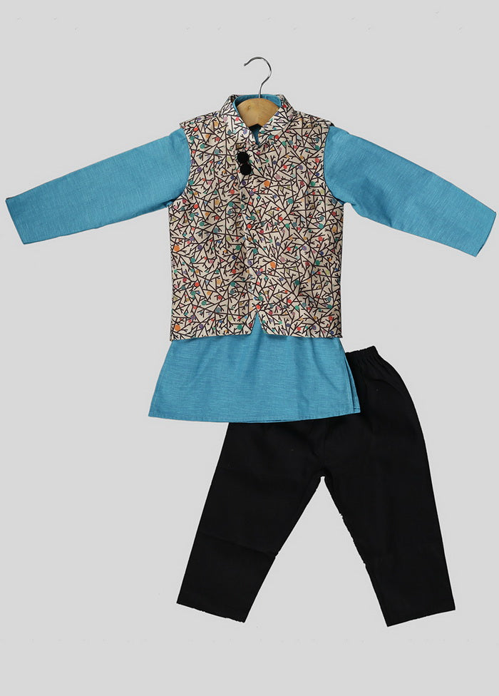 Printed Jacket With Blue Cotton Kurta Black Pyjama Set - Indian Silk House Agencies