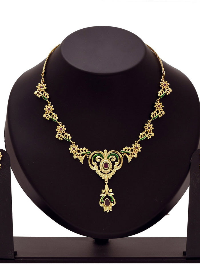 Estelle Traditional Gold plated Ruby Enamel Peepal Necklace - Indian Silk House Agencies