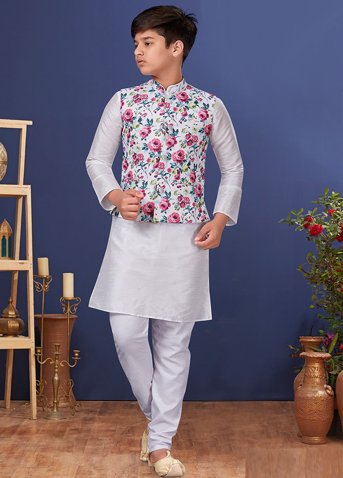 White Zari Woven Kurta Pajama With Jacket Set With Jacket - Indian Silk House Agencies
