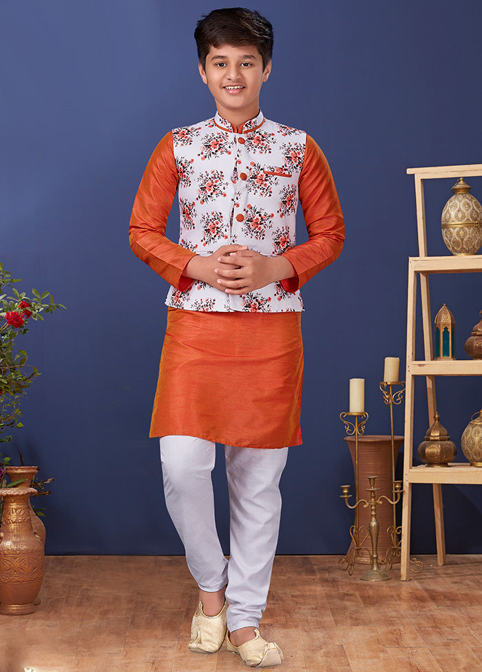 Orange Zari Woven Kurta Pajama With Jacket Set With Jacket - Indian Silk House Agencies