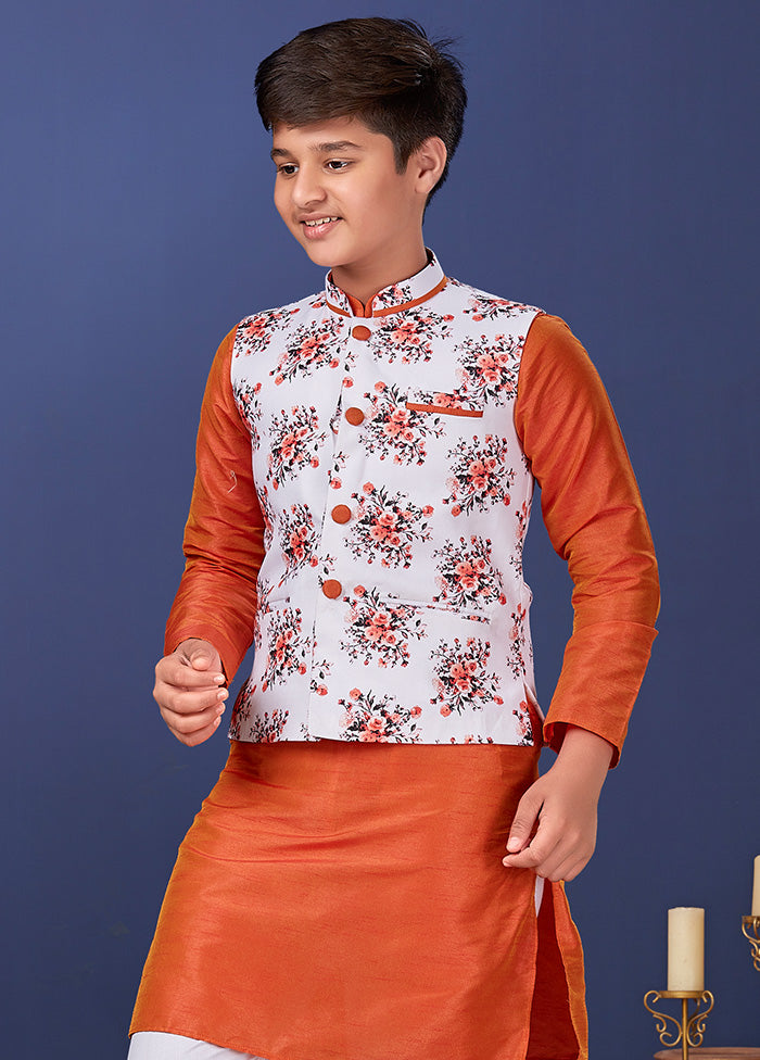 Orange Zari Woven Kurta Pajama With Jacket Set With Jacket - Indian Silk House Agencies