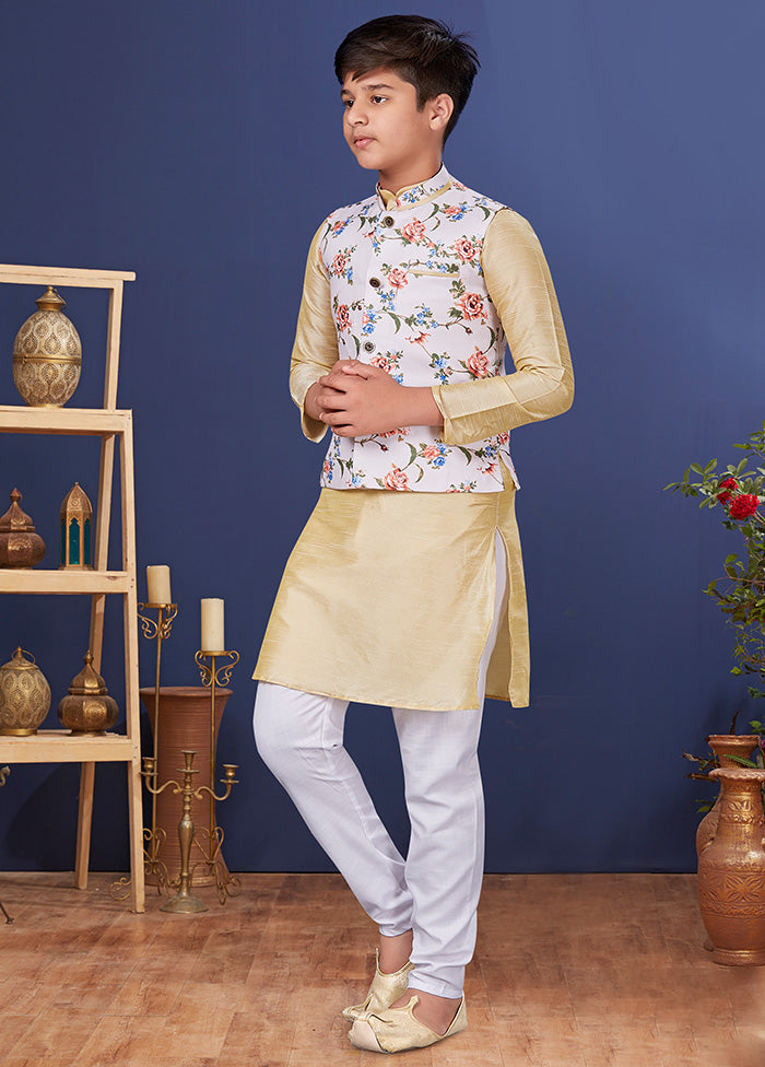 Beige Zari Woven Kurta Pajama With Jacket Set With Jacket - Indian Silk House Agencies